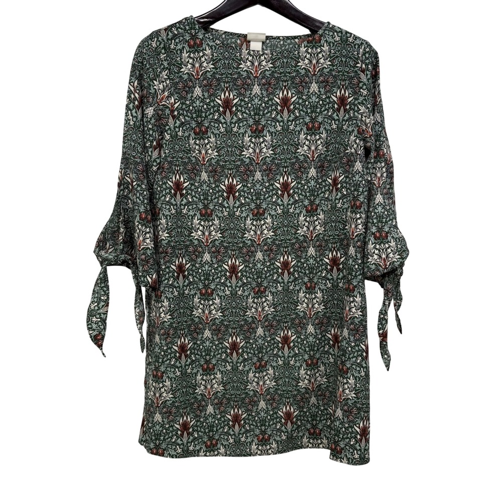 Morris & Co x HM Green Pimpernel Floral Tunic Dress Tie Sleeve Women 10